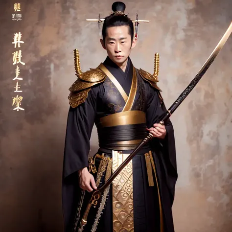 photo, man dressed in black and gold holding a sword (FantasyDaimyo style:1) <lora:djzFantasyDaimyoV21:0.8>
