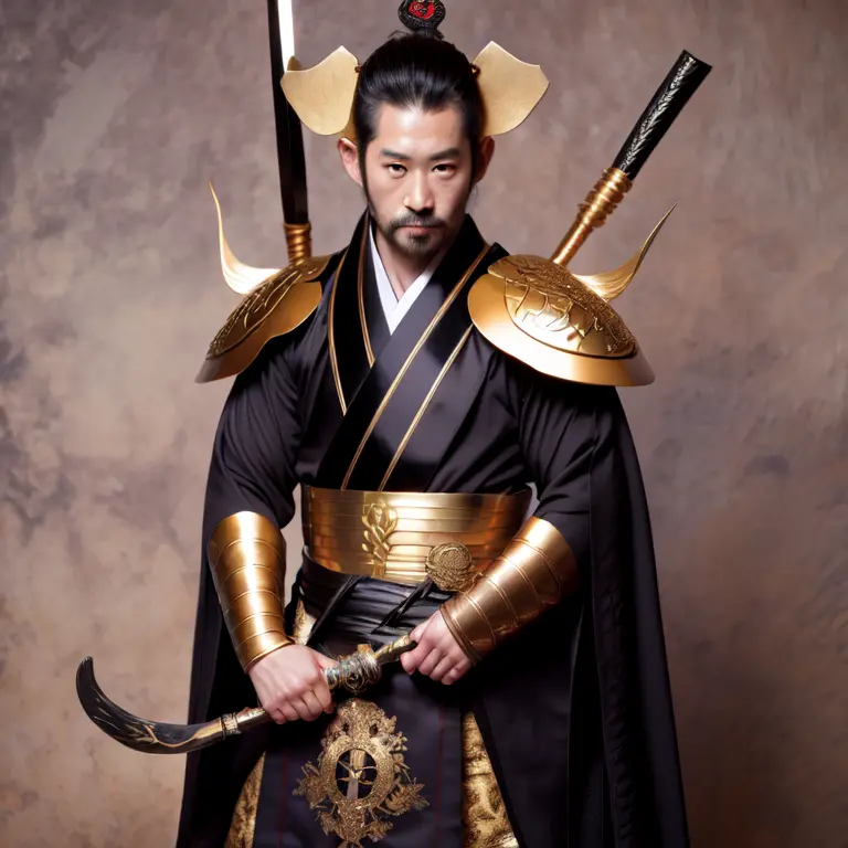 photo, man dressed in black and gold holding a sword (FantasyDaimyo style:1) <lora:djzFantasyDaimyoV21:0.8>