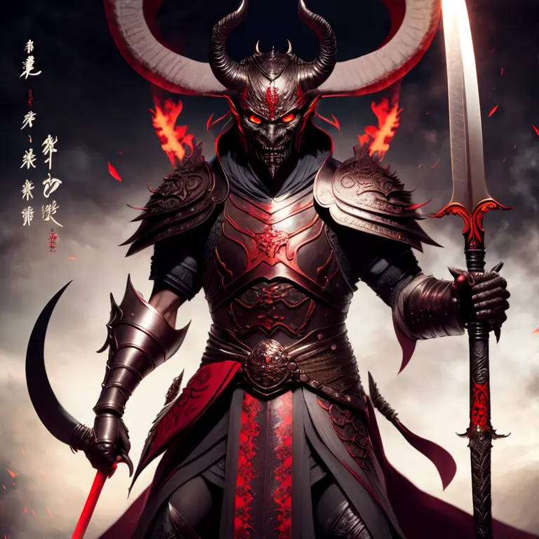 photo, an illustration of a demon in armor holding a sword (FantasyDaimyo style:1) <lora:djzFantasyDaimyoV21:0.8>