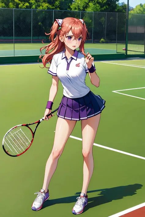 masterpiece, best quality, <lora:cscherzen-nvwls-v1-000008:1> charlotte scherzen, purple eyes, hair ornament, white collared shirt, tennis uniform, tennis court, sweatband, sneakers, standing