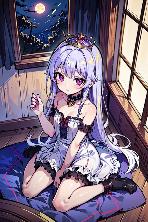 ((masterpiece:1.4, best quality))++, (ultra detailed)+,
(finely detailed kawaii best quality),(best quality, masterpiece:1.3), (ultra detailed,extremely detailed and beautiful:1.2),finely resolution,
(fantasy medieval times:1.2),
(from above,wariza:1.5),
cute 1girl,(solo:1.3),(flat chest:1.2),([white:blue mesh:0.5] long hair:1.5),
(Princess dress,Queen's crown:1.5),(gothic),ribbon,choker,
(turn pale,sad,scared,:1.2),(dark night and sky,red moonlight top of view:1.5),
there is only one moon in the sky,
(sitting on the windowsill:1.5),in room,open window background, wind, fluttering lace curtains, one scene,(violet eyes:1.4),