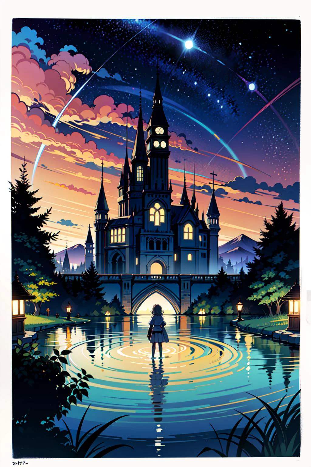 (masterpiece),(best quality:1.0), (ultra highres:1.0), detailed illustration, dreaming, lake, detailed sky, (mysterious huge castle), (starry sky),
