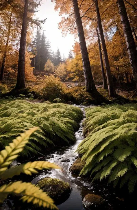 floor level photo within Canadian Mountain Range, National Park, during the last week of September at the height of fall colors [reds, yellows] cold air after heavy rainfall [rushing waters] [perfect AM lighting conditions] with a feeling of splendor and humility [long exposure on wide format bellows camera] [rays of sunshine on the forest floor] [ferns plants flowers in foreground] with true film high dynamic range [post enhancements: bold emotional mid-level contrast, over-sharpened, edge vignette, dodge water and highlights and burn dark emotional tones] award winning image, legacy artwork, 8k