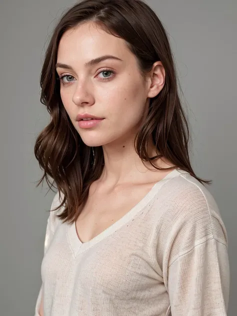 head and shoulders shot from below, wo_ebloom02, brown hair, white top and jeans pants, posing for a picture, (high detailed skin:1.2), 8k uhd, dslr, global lighting, high quality, film grain, Fujifilm XT3,