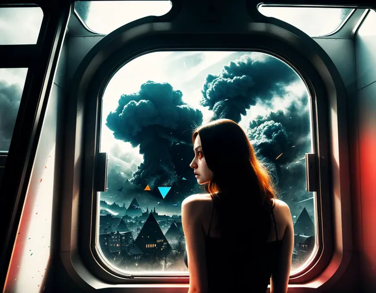 three cornered window, back of head shot of (woman looking out of triangle window:1.1), 3rd person, Looking out the triangular window of a (train:1.1) with triangular windows, triangular windows and triangular, wheels, in a fantasy world,
psychedelic, geometric, vivid light, high contrast, triadic colors, dark shadows, explosions, nuclear mushroom cloud, nuclear explosion, dystopian nightmare,
(beautiful composition),
21 yo woman,