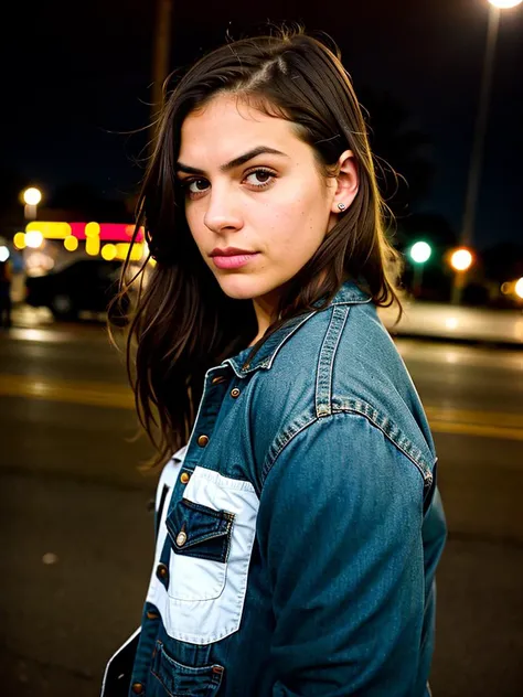 night, color photograph, photography in the style of Zack Arias, ultra realistic, authentic photo, hipster girl Bethany, she is a thick brazilian-american girl from texas, fashionable street wear, eye contact, detailed eyes, detailed hands, standing against a tall fence, aloof, detached, distant, haughty, indifferent, standoffish, unresponsive, unsympathetic