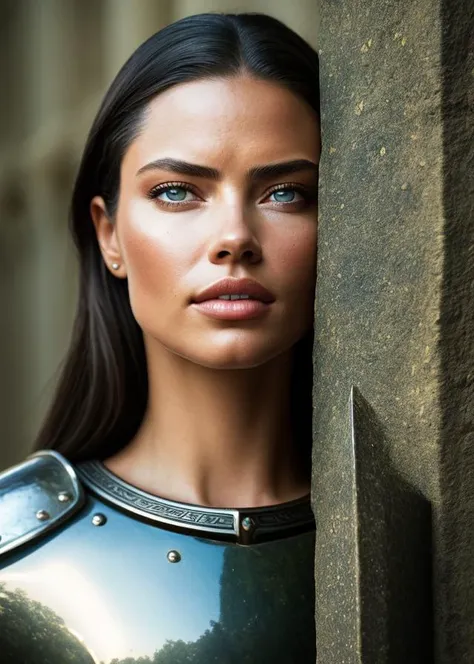 medium closeup portrait of eye contact with Adriana Lima warrior knight in armor in the town square, smooth clean face skin, eye shadow, leather knight (plate armor), eyeliner, lipstick, shiny green eyes, [skin condition] [pimples], in a castle courtyard (in front of villagers), pointing finger, background scaffold, telephoto lens, sharp focus, f5.8, RAW, canon press photography, d750 hdr photo by David Lazar and annie leibovitz, art photography, flare, natural light,  still from Interstellar, natural glow