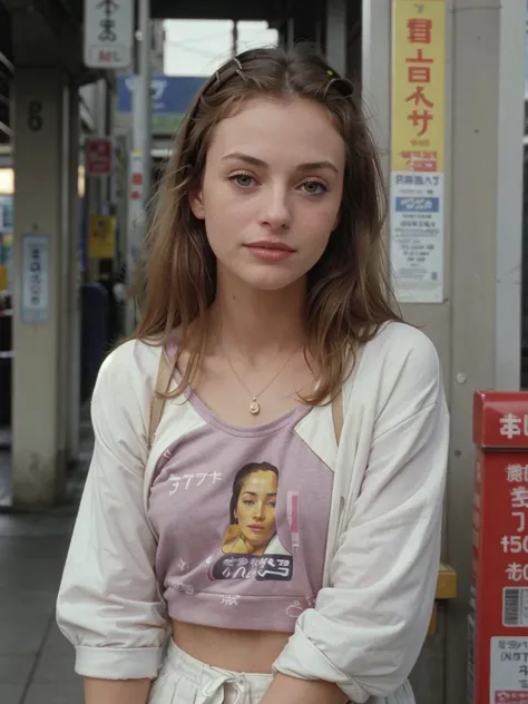 1 woman, 18 years old, shot on fujifilm, face of heather graham in 1988, casual 80s clothing, <lora:80s Japan 2:.5>, Color film photograph - 1980s - Tokyo - Japan