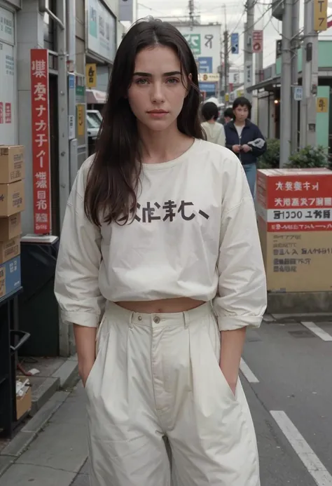 1 woman, 18 years old, shot on fujifilm, (face of Jennifer Connelly in 1988:.83), casual 80s clothing, <lora:80s Japan 2:.6>, Color film photograph - 1980s - Tokyo - Japan