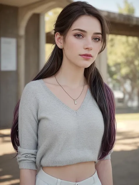 big eyes, pale skin, glossy purple lipstick 1girl, collarbone, wavy hair, looking at viewer, blurry foreground, upper body, necklace, contemporary, plain pants, loose lace cashmere sweater, ponytail, (freckles:.3), (two-tone hair:1.5), dappled sunlight, smile, pensive,(masterpiece:1.3), (best quality:1.3), intricate details, setting is a high school football field, photorealistic,