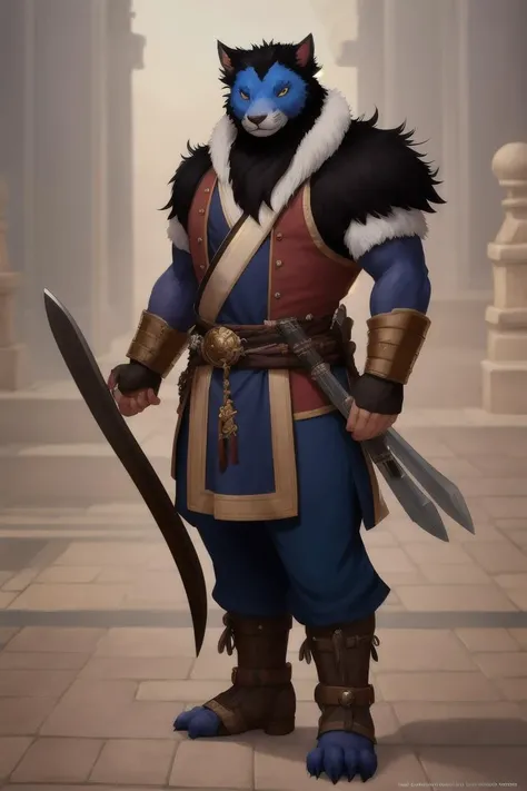 (Digital Artwork:1.3) of fantasycharacter, 1boy solo, standing, male focus, full body, looking at the viewer, fantasy video game character, Instagram pose, (no humans, thick eyebrows, blue skin, black hair, closed mouth, claws, furry, topknot, Japanese clothes, samurai clothes, weapon), ({masterpiece},{bestquality}, extremely detailed CG, {bestquality}, Depth of field, original),CGSociety,ArtStation