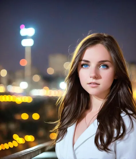 photo girl, standing in night city, beautiful eyes, hard focus, looking at viewer, in center, natural lighting, (8k, hdr, high quality raw photo:1.2), (style nvjobfc:1.5)