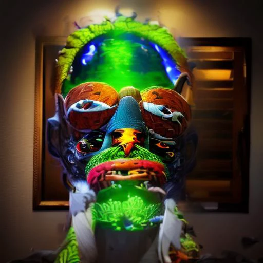 Benjamin Marra, pj crook, highly detailed photo, corona render, realistic, high contrast, white highlights, reflections, posterize, bioluminescent tropical leaves frame, forest demon (angry witch doctor:1.6) made out of brown wood at the center of the picture, photo, photorealistic, neon, backlight, night, portrait of a man