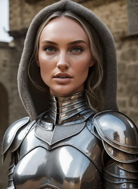 medium closeup nude portrait of eye contact with Candice Swanepoel warrior knight undressing armor in the town square, smooth clean face skin, handcuffed, exposed breast, eye shadow, leather knight (plate armor), pubic hair vulva, eyeliner, lipstick, shiny eyes, [skin condition] [pimples], in a castle courtyard (in front of villagers), pointing finger, background scaffold, telephoto lens, sharp focus, f5.8, RAW, canon press photography, d750 hdr photo by David Lazar and annie leibovitz, art photography, flare, natural light,  still from Interstellar