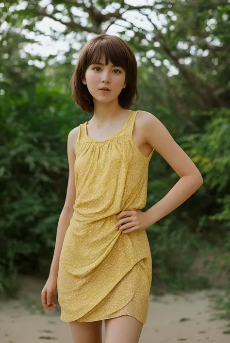 A 21 years old slavic woman, petite figure, rosy complexion, freckled face, short red hair styled in a bob, playful expression, blue eyes, wearing a (yellow) sundress, posing at a beach, (slim built:1.2), Key light, backlight, soft natural lighting, photography 800 ISO film grain 50mm lens RAW aperture f1.6, highly detailed, ((full body)), (analog photography:1.0), hdr colors