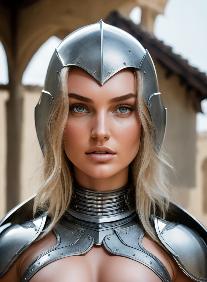 medium closeup nude portrait of eye contact with Candice Swanepoel warrior knight undressing armor in the town square, smooth clean face skin, handcuffed, exposed breast, eye shadow, leather knight (plate armor), pubic hair vulva, eyeliner, lipstick, shiny eyes, [skin condition] [pimples], in a castle courtyard (in front of villagers), pointing finger, background scaffold, telephoto lens, sharp focus, f5.8, RAW, canon press photography, d750 hdr photo by David Lazar and annie leibovitz, art photography, flare, natural light, movie still from Interstellar