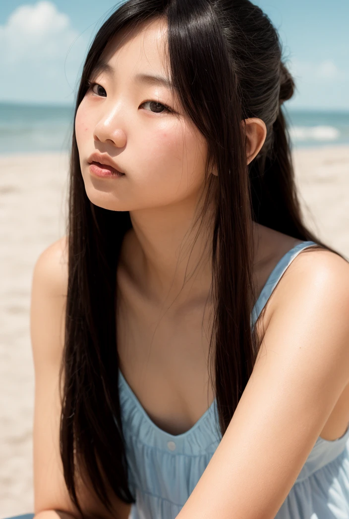 36 years old Japanese woman, with a delicate and slender figure, a porcelain and smooth skin, and an oval face, big and innocent brown eyes, long black hair styled in a ponytail, a small nose, and thin lips, a soft expression, smooth cheeks and a gentle appearance, wearing a regional dress, at the beach, (slim built:1.2), Key light, backlight, soft natural lighting, photography 400 ISO film grain 100mm lens RAW aperture f1.4, highly detailed, ((full body)), (analog photography:1.0), hdr colors