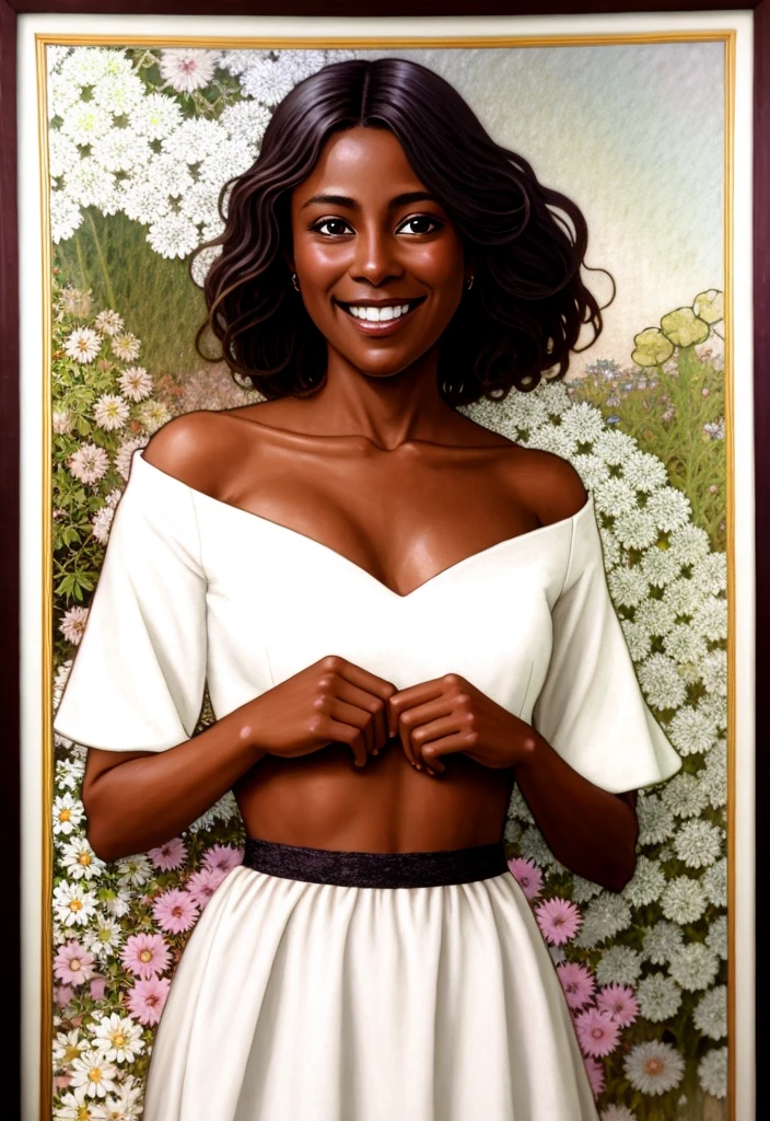 (((extremely beautiful portrait))), ((glistening dark skin)), 1girl brazilian 36 years old wrinkled woman with a dark skin brunette short hair and wearing a white dress, confident smile, (((realistic Mucha artstyle)))