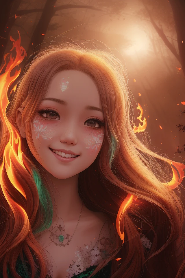 masterpiece, best quality, hair is turning into fire, hair is on fire, Fantasy, (light rayer:1.05), orange light particles, scenery, fire, Beautiful and detailed explosion, beautiful detailed glow, Flames burning around, Flames burning around, Fire feathers, burning, (burning forest:1.34), (bare trees:1.05), ashes, (red sun:1.05), (flame swirling around the character:1.1), solo, crazy_smile, (detailed:1.05), high resolution illustration, lustrous skin, colorful, (ultra-detailed:1.1), (illustration:1.05), (detailed light:1.05), (an extremely delicate and beautiful:1.1), beautiful detailed girl, depth of field, white_long_hair, orange_eyes, eyelashs, dark eyelashes, eyeliner, soft glowing eyes, <hypernet:neoMDaSTarou_neoMDaSTarou:0.5>, <hypernet:LuisapKawaii_v1:0.5>