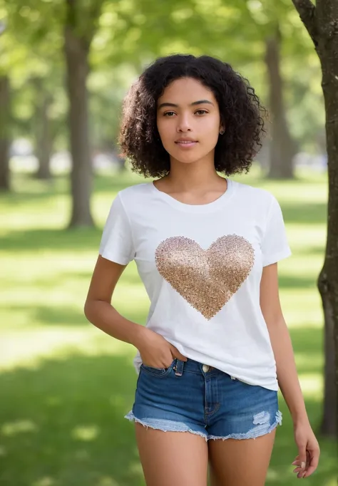 A beautiful 21-year-old Brazilian woman with a petite figure, dark and smooth skin, and a heart-shaped face, big and inquisitive eyes, short curly hair styled in a pixie cut, a small nose, and plump lips, curious expression, round cheeks and a confident appearance, wearing a casual t-shirt and shorts, seen at a park, playing, (visible pores:0.3) (smooth detailed skin:0.9), high quality, film grain, Fujifilm XT3, f1.2, zoom out, whole body, sunlight, white sunbeams, 4k, realistic, ultra detailed, masterpiece, highres, (by Alphonse Mucha:0.5) ((Ultra detailed)), natural hair,