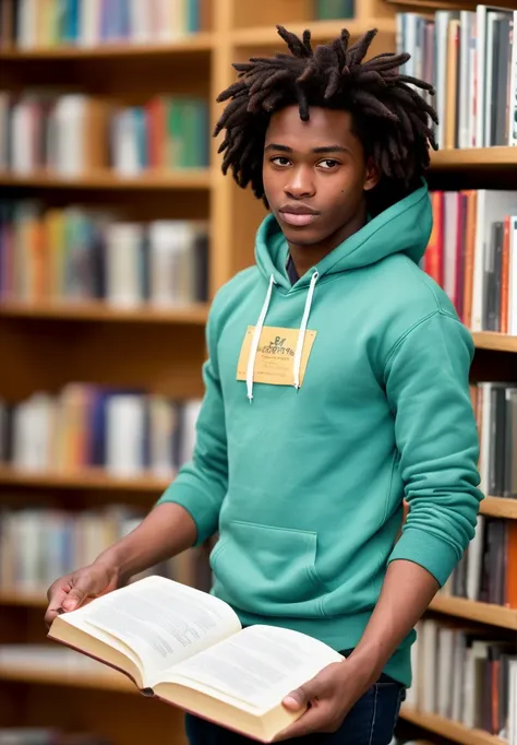 A beautiful 18-year-old African man with a medium and toned build, dark and smooth skin, and a triangular face. His eyes are deep and introspective, his hair is styled in dreadlocks, he has a wide nose, and full lips. He has a contemplative expression, high cheekbones, and an intellectual appearance. He is wearing a hoodie and jeans, and is seen reading a book at a library., (visible pores:0.3) (smooth detailed skin:0.9), high quality, film grain, Fujifilm XT3, f1.2, zoom out, whole body, sunlight, white sunbeams, 4k, realistic, ultra detailed, masterpiece, highres, (by Alphonse Mucha:0.5) ((Ultra detailed)), natural hair,