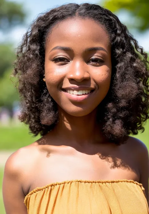 A beautiful 21-year-old African girl with a curvaceous figure, dark and smooth skin, and a round face, big and bright eyes, thick curly hair styled in a wild afro, a small nose, and full lips, lively expression, round cheeks and a warm appearance, wearing a vibrant headwrap and sundress, seen at a local market, haggling for goods, (visible pores:0.3) (smooth detailed skin:0.9), high quality, film grain, Fujifilm XT3, f1.2, zoom out, whole body, sunlight, white sunbeams, 4k, realistic, ultra detailed, masterpiece, highres, (by Alphonse Mucha:0.5) ((Ultra detailed)), natural hair,