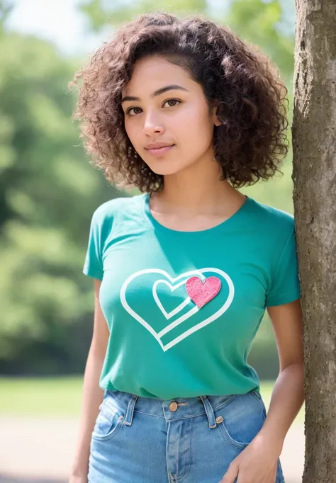 A beautiful 32-year-old Brazilian woman with a petite figure, dark and smooth skin, and a heart-shaped face, big and inquisitive eyes, short curly hair styled in a pixie cut, a small nose, and plump lips, curious expression, round cheeks and a confident appearance, wearing a casual t-shirt and shorts, seen at a park, playing, (visible pores:0.3) (smooth detailed skin:0.9), high quality, film grain, Fujifilm XT3, f1.2, zoom out, whole body, sunlight, white sunbeams, 4k, realistic, ultra detailed, masterpiece, highres, (by Alphonse Mucha:0.5) ((Ultra detailed)), natural hair,