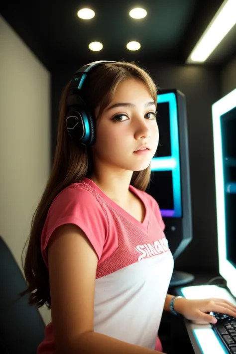 (photo, realistic), 
female, 14-year-old, e-girl, (detailed skin), 
dressed, 
in gaming room, lights off, computer, 
low angle, high quality, film grain, depth of field,