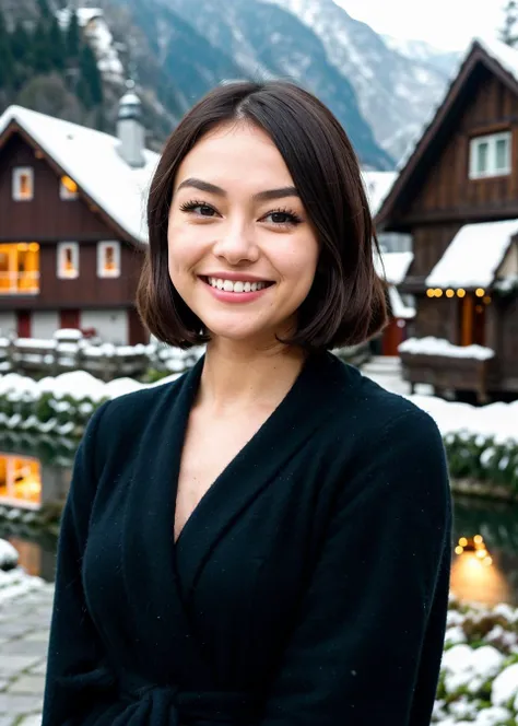 candid dark medium closeup close up nude face portrait of a Glamorous Hollywood (korean woman:1.2) model (with long Chocolate brown Textured Bob Haircut:1.2), (posing in Charming Hallstatt Village in Austria with Alpine Lake and Colorful Wooden Houses during dazzling twinkling cold night :1.2), (wearing Fantasy Elf Costumes with Flowing Robes and Elven Ear Prosthetics:1.2), at dark night, moonlight, exposed naked very tiny breasts, (bright teeth smiling laugh), (hugging someone:1.1),  Dappled light ambient light, (bright flash photography:1.2), Spring pastels aesthetic, (focus on the eyes), (hard shadows, pitch black background, unlit,  dark theme, dim lighting, deep contrast:1.2), (background in focus), (motion blur, out of focus)