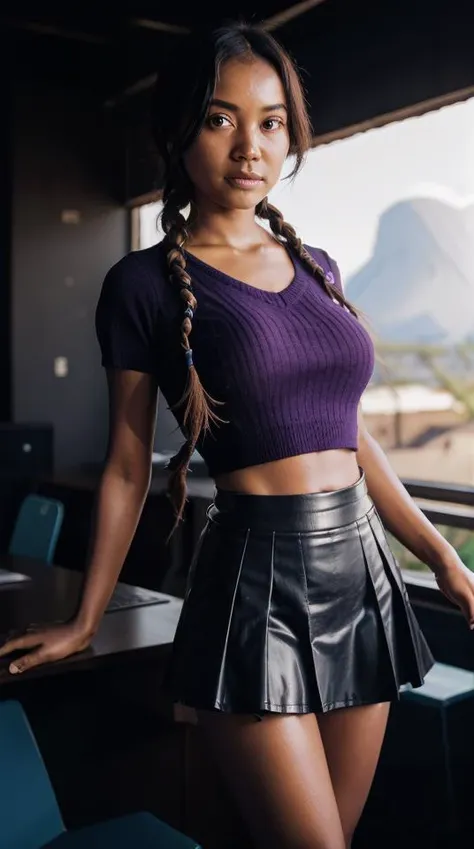 color photography of (Malawian woman:1.7), (sixpack:1.3), shiny skin, (standing:1.2), (legs gap:1.3), large breast, (detailed skin texture:1.5), (skin imperfections:1.3), beautiful eyes, cleavage, (looking at viewer:1.3), (eye contact:1.3), (short hair:1.3), in office, in city alley, dark theme, flat lighting, (soft saturation:1.2), analog style, <lora:add_sharpness:0.7>, <lora:photoblend:0.5>, <lora:LowRA:0.5>, <lora:epiNoiseoffset_v2Pynoise:0.6>, <lora:oil2.0_2-512LORA:0.3>, (braids:1.2), izawa ichiro, iota kotori shigure project sekai impact, official art, purple shirt, ryuuou no oshigoto, school uniform, shirt, skirt, solo, sparkle, striped, sweater vest, tail ornament, tsukeko no sora wa yasuke vocaloid, tokitsune miku symphony series