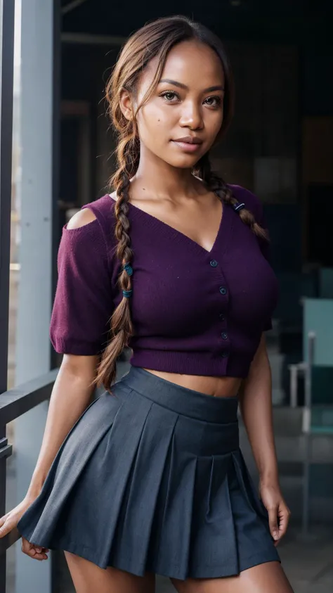color photography of (Malawian woman:1.7), (sixpack:1.3), shiny skin, (standing:1.2), (legs gap:1.3), large breast, (detailed skin texture:1.5), (skin imperfections:1.3), beautiful eyes, cleavage, (looking at viewer:1.3), (eye contact:1.3), (short hair:1.3), in office, in city alley, dark theme, flat lighting, (soft saturation:1.2), analog style, <lora:add_sharpness:0.7>, <lora:photoblend:0.5>, <lora:LowRA:0.5>, <lora:epiNoiseoffset_v2Pynoise:0.6>, <lora:oil2.0_2-512LORA:0.3>, (braids:1.2), izawa ichiro, iota kotori shigure project sekai impact, official art, purple shirt, ryuuou no oshigoto, school uniform, shirt, skirt, solo, sparkle, striped, sweater vest, tail ornament, tsukeko no sora wa yasuke vocaloid, tokitsune miku symphony series