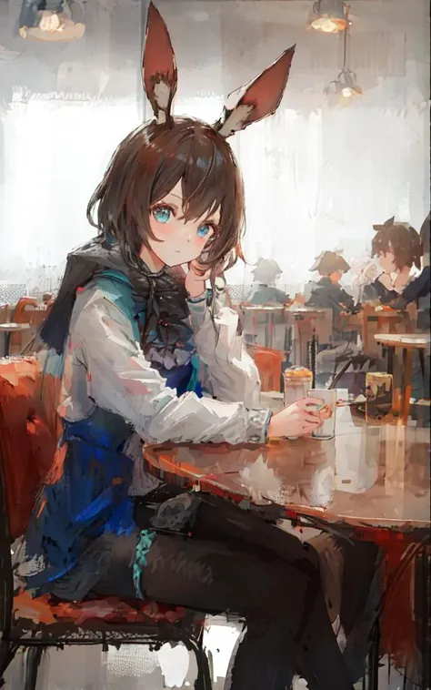 1girl, solo, cowboy shot,rabbit ears, pose,sitting, cafe