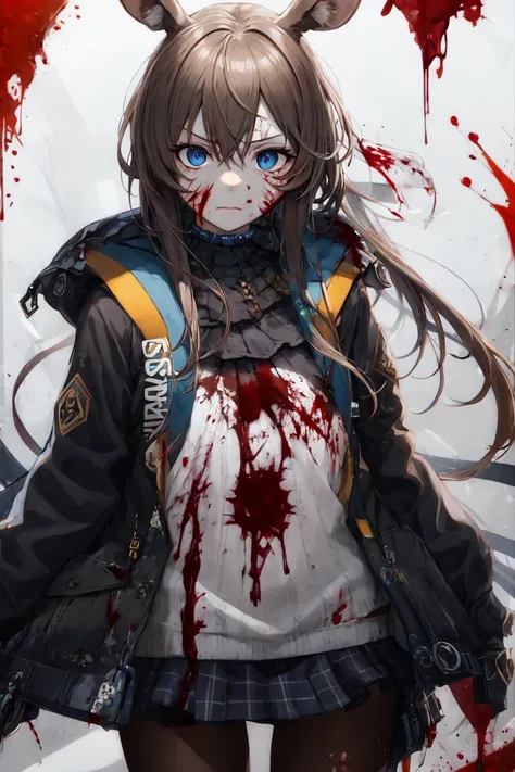 (((masterpiece))),(((bestquality))),((ultra-detailed)),(illustration),((anextremelydelicateandbeautiful)),dynamicangle,floating,(beautifuldetailedeyes),(detailedlight),1girl, solo,<lora:amiyaaa:0.85>,simple background, cowboy shot,angry,(blood on face:1.5),(scar:1.2), chibi