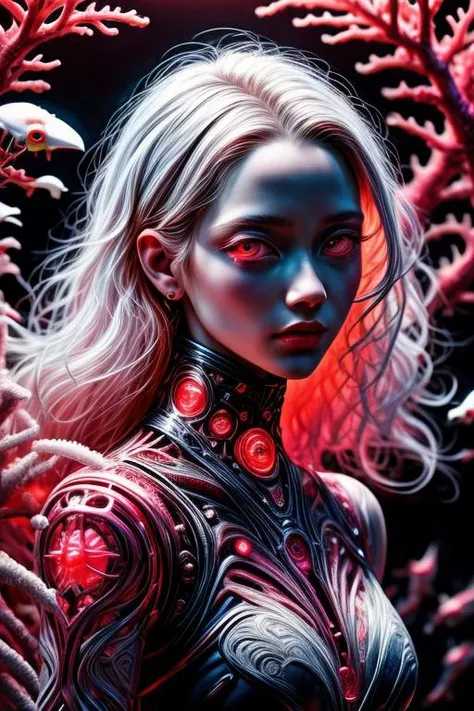 coralbug ((albino woman:1.275) with extremely detailed skin and round (lit red eyes:1.275) with extremely detailed pupils and irises and  white hair styled voluminous waves), photo RAW, (black, dark red and neon pink : shiny aura, red filigree, intricate motifs, organic tracery, glowing stardust , sparkling particles, lively coral reef background), natural light <lora:coralbug:0.925> <lora:more_details:0.45> <lora:difConsistency_detail:0.25> epiCRealism <lora:speedy1p5:1.00>