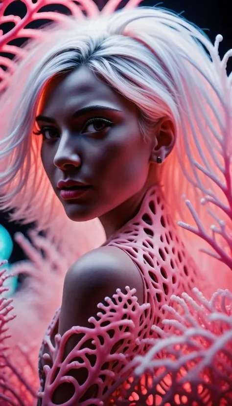 coralbug (albino woman, white hair styled voluminous waves), photo RAW, (black, dark red and neon pink : shiny aura, highly detailed, red filigree, intricate motifs, organic tracery, glowing stardust , perfect composition, smooth, sharp focus, sparkling particles, lively coral reef background Realistic, realism, hd, 35mm photograph, 8k), masterpiece, award winning photography, natural light, perfect composition, high detail, hyper realistic <lora:coralbug:1.3> <lora:speedy1p5:1.00>
