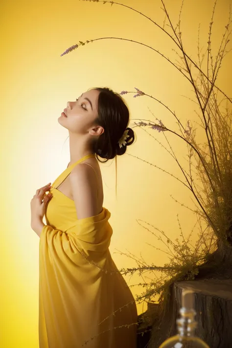 1girl, dark Concept art, Fluxus Art, surreal, side view shot of a ("The fragrance of enlightenment, a scent of awakening, illuminating the path to self-discovery and inner peace.":1.3) , it is very Aggressive and Glib, magnificent, inside a Cool Alpine, dark red flora with Lavender, Foggy, shallow depth of field, Magic Realism, Grim, soft lighting, F/2.8, Velvia, deep yellow background, dripping Lime green, arthouse, lots of details, gothic, surrealism