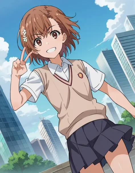 score_9, score_8_up, score_7_up, source_anime,
mikotomisaka, <lora:mikoto-misaka-ponyxl-lora-nochekaiser:1>,
mikoto misaka, short hair, brown hair, hair ornament, hair flower, brown eyes, smile,
skirt, shirt, school uniform, white shirt, short sleeves, pleated skirt, grey skirt, sweater vest, tokiwadai school uniform, v-neck,
outdoors, cityscape,
looking at viewer, cowboy shot, dutch angle, dynamic pose,