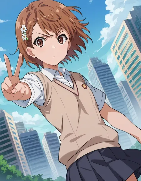 score_9, score_8_up, score_7_up, source_anime,
mikotomisaka, <lora:mikoto-misaka-ponyxl-lora-nochekaiser:1>,
mikoto misaka, short hair, brown hair, hair ornament, hair flower, brown eyes,
skirt, shirt, school uniform, white shirt, short sleeves, pleated skirt, grey skirt, sweater vest, tokiwadai school uniform, v-neck,
outdoors, cityscape,
looking at viewer, cowboy shot, dutch angle, dynamic pose,