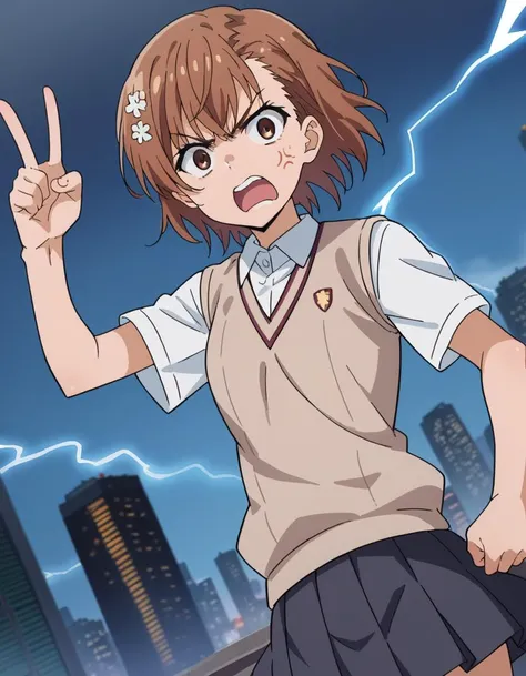 score_9, score_8_up, score_7_up, source_anime,
mikotomisaka, <lora:mikoto-misaka-ponyxl-lora-nochekaiser:1>,
mikoto misaka, short hair, brown hair, hair ornament, hair flower, brown eyes, angry, anger vein, shouting, open mouth,
skirt, shirt, school uniform, white shirt, short sleeves, pleated skirt, grey skirt, sweater vest, tokiwadai school uniform, v-neck,
outdoors, cityscape, lightning,
looking at viewer, cowboy shot, dutch angle,