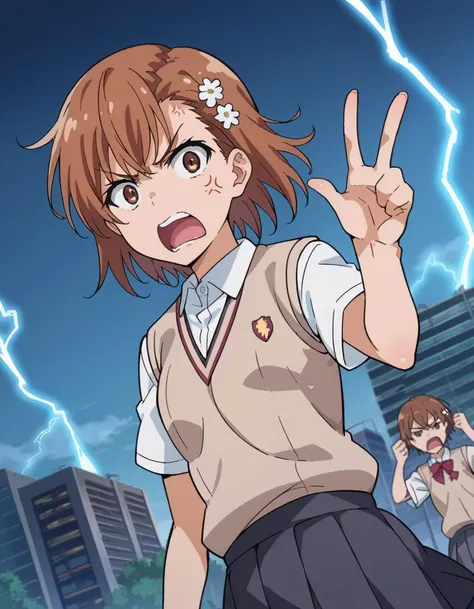 score_9, score_8_up, score_7_up, source_anime,
mikotomisaka, <lora:mikoto-misaka-ponyxl-lora-nochekaiser:1>,
mikoto misaka, short hair, brown hair, hair ornament, hair flower, brown eyes, angry, anger vein, shouting, open mouth,
skirt, shirt, school uniform, white shirt, short sleeves, pleated skirt, grey skirt, sweater vest, tokiwadai school uniform, v-neck,
outdoors, cityscape, lightning,
looking at viewer, cowboy shot, dutch angle,