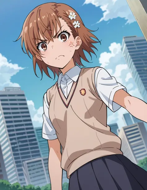 score_9, score_8_up, score_7_up, source_anime,
mikotomisaka, <lora:mikoto-misaka-ponyxl-lora-nochekaiser:1>,
mikoto misaka, short hair, brown hair, hair ornament, hair flower, brown eyes, angry, anger vein,
skirt, shirt, school uniform, white shirt, short sleeves, pleated skirt, grey skirt, sweater vest, tokiwadai school uniform, v-neck,
outdoors, cityscape,
looking at viewer, cowboy shot, dutch angle,