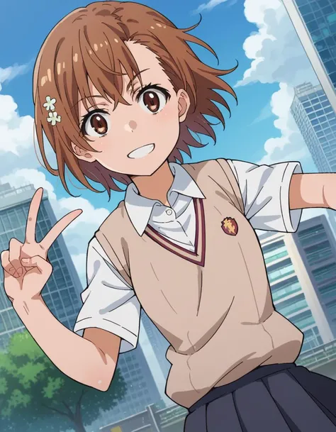 score_9, score_8_up, score_7_up, source_anime,
mikotomisaka, <lora:mikoto-misaka-ponyxl-lora-nochekaiser:1>,
mikoto misaka, short hair, brown hair, hair ornament, hair flower, brown eyes, smile,
skirt, shirt, school uniform, white shirt, short sleeves, pleated skirt, grey skirt, sweater vest, tokiwadai school uniform, v-neck,
outdoors, cityscape,
looking at viewer, cowboy shot, dutch angle, dynamic pose,