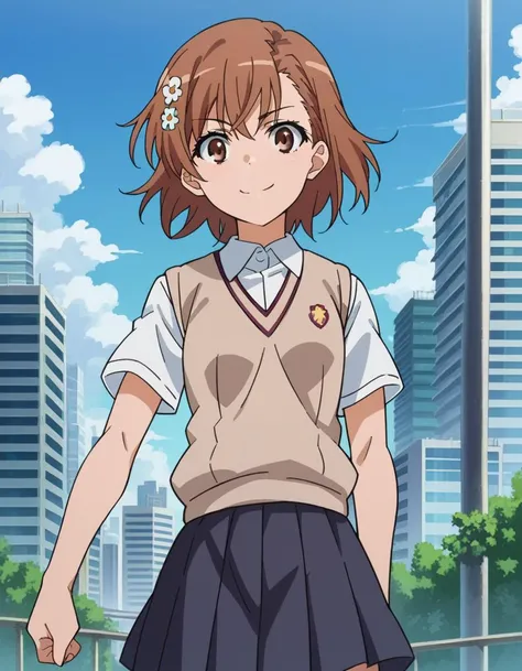 score_9, score_8_up, score_7_up, source_anime,
mikotomisaka, <lora:mikoto-misaka-ponyxl-lora-nochekaiser:1>,
mikoto misaka, short hair, brown hair, hair ornament, hair flower, brown eyes, smile,
skirt, shirt, school uniform, white shirt, short sleeves, pleated skirt, grey skirt, sweater vest, tokiwadai school uniform, v-neck,
outdoors, cityscape,
looking at viewer, cowboy shot, dutch angle, dynamic pose,