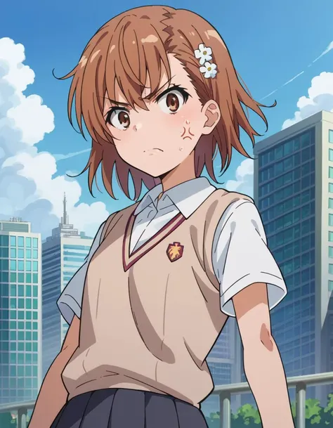 score_9, score_8_up, score_7_up, source_anime,
mikotomisaka, <lora:mikoto-misaka-ponyxl-lora-nochekaiser:1>,
mikoto misaka, short hair, brown hair, hair ornament, hair flower, brown eyes, angry, anger vein,
skirt, shirt, school uniform, white shirt, short sleeves, pleated skirt, grey skirt, sweater vest, tokiwadai school uniform, v-neck,
outdoors, cityscape,
looking at viewer, cowboy shot, dutch angle,