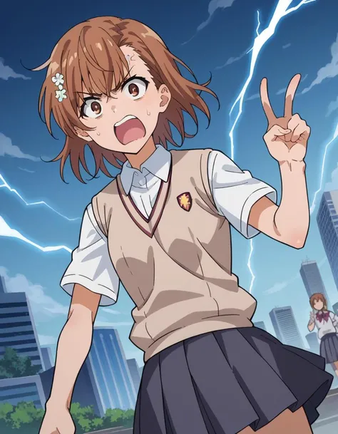 score_9, score_8_up, score_7_up, source_anime,
mikotomisaka, <lora:mikoto-misaka-ponyxl-lora-nochekaiser:1>,
mikoto misaka, short hair, brown hair, hair ornament, hair flower, brown eyes, angry, anger vein, shouting, open mouth,
skirt, shirt, school uniform, white shirt, short sleeves, pleated skirt, grey skirt, sweater vest, tokiwadai school uniform, v-neck,
outdoors, cityscape, lightning,
looking at viewer, cowboy shot, dutch angle,