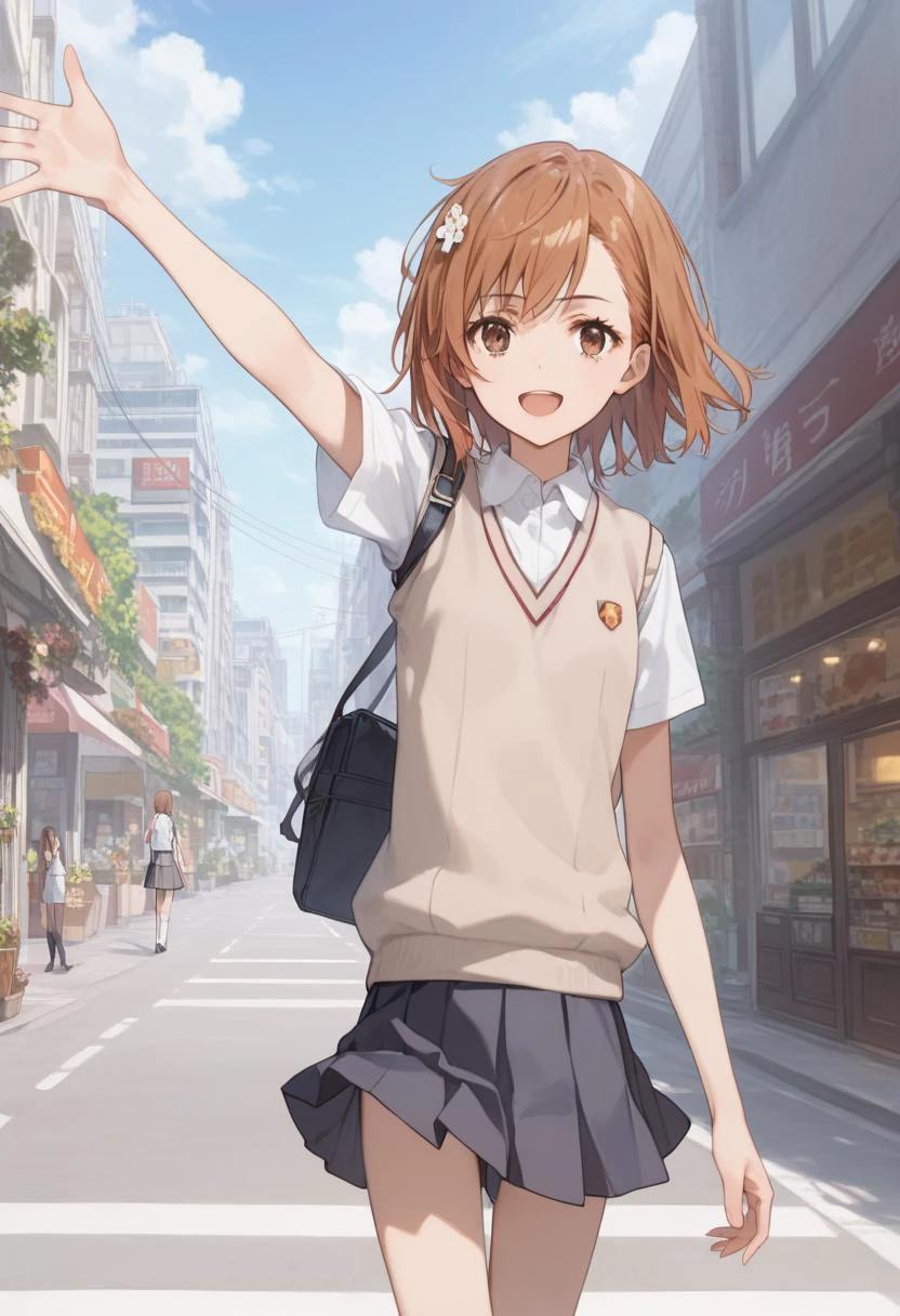 score_9, score_8_up, score_7_up, score_6_up,
<lora:Expressive_H:1.0>, uncensored,
1girl, <lora:mikoto-misaka-ponyxl-lora-nochekaiser:1>, mikoto misaka, short hair, brown hair, hair ornament, hair flower, brown eyes, skinny, slender body, tiny, small breasts,
skirt, shirt, school uniform, white shirt, short sleeves, pleated skirt, grey skirt, sweater vest, tokiwadai school uniform, v-neck, white socks, loafers,
outdoors, city, shop, day, street, cafe,
enjoy window shopping,
hand in own hair, walking,
profile,
upper body,
smile, open mouth, pov, looking at viewer, (reaching towards viewer:1.1),
masterpiece, best quality,