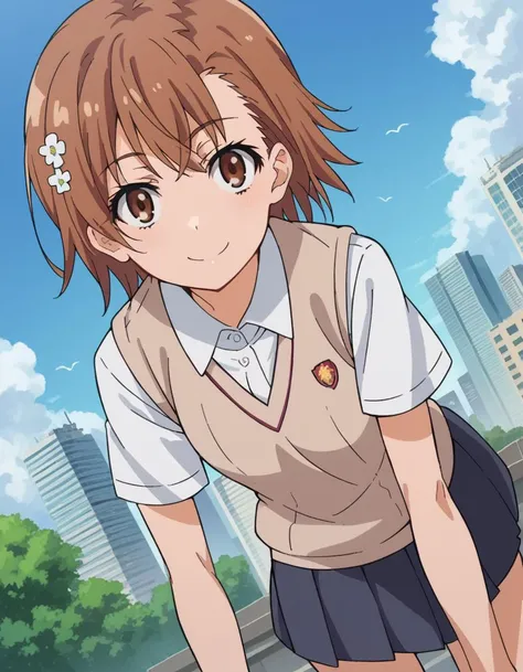 score_9, score_8_up, score_7_up, source_anime,
mikotomisaka, <lora:mikoto-misaka-ponyxl-lora-nochekaiser:1>,
mikoto misaka, short hair, brown hair, hair ornament, hair flower, brown eyes,
skirt, shirt, school uniform, white shirt, short sleeves, pleated skirt, grey skirt, sweater vest, tokiwadai school uniform,
outdoors, cityscape, smile, bent over,
looking at viewer, cowboy shot, dutch angle,