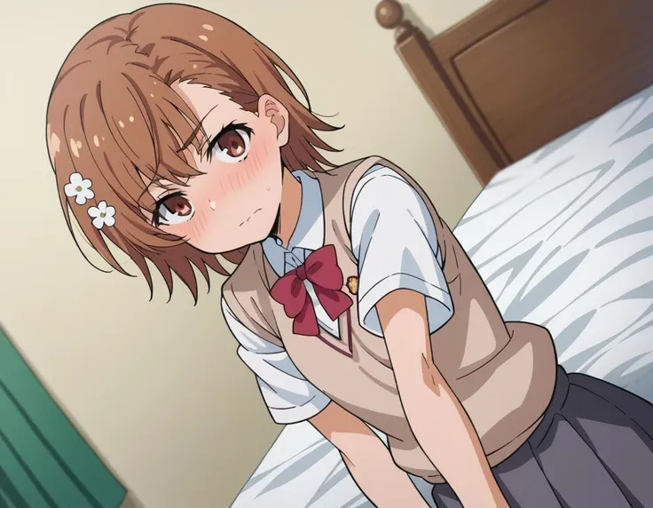 score_9, score_8_up, score_7_up, source_anime,
mikotomisaka, <lora:mikoto-misaka-ponyxl-lora-nochekaiser:1>,
mikoto misaka, short hair, brown hair, hair ornament, hair flower, brown eyes,
skirt, shirt, school uniform, white shirt, short sleeves, pleated skirt, grey skirt, sweater vest, tokiwadai school uniform,
indoors, bed, bed room, on side, blush, drunk,
looking at viewer, cowboy shot, dutch angle,