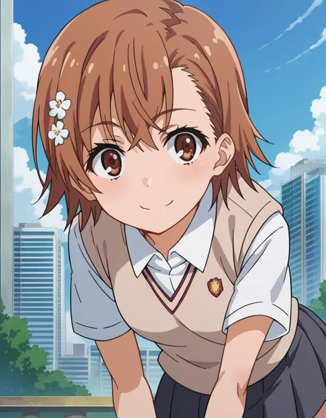 score_9, score_8_up, score_7_up, source_anime,
mikotomisaka, <lora:mikoto-misaka-ponyxl-lora-nochekaiser:1>,
mikoto misaka, short hair, brown hair, hair ornament, hair flower, brown eyes,
skirt, shirt, school uniform, white shirt, short sleeves, pleated skirt, grey skirt, sweater vest, tokiwadai school uniform,
outdoors, cityscape, smile, bent over,
looking at viewer, cowboy shot, dutch angle,