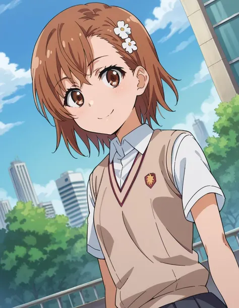 score_9, score_8_up, score_7_up, source_anime,
mikotomisaka, <lora:mikoto-misaka-ponyxl-lora-nochekaiser:1>,
mikoto misaka, short hair, brown hair, hair ornament, hair flower, brown eyes,
skirt, shirt, school uniform, white shirt, short sleeves, pleated skirt, grey skirt, sweater vest, tokiwadai school uniform,
outdoors, cityscape, smile,
looking at viewer, cowboy shot, dutch angle,